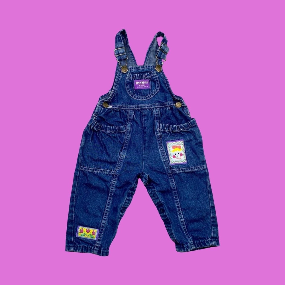 Vintage Oshkosh Girls Bubble Denim Overalls, Floral Patch, 24 Months